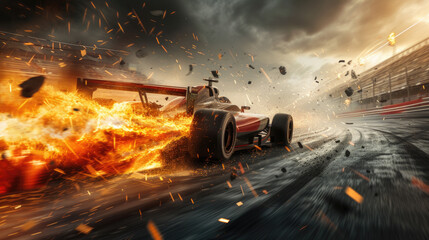 Racing car driving fast during accident, sports vehicle runs with fire and smoke on track. Flame,...