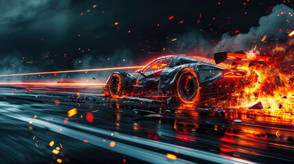 Sports car driving fast with fire on dark background, burning vehicle runs on race track. Flame,...
