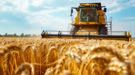 Obraz premium Combine harvester harvests wheat in summer, tractor cutting rape grain on farm. Scenic view of machine working in field and blue sky. Concept of farmer, agriculture, landscape, food