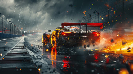 Sports car driving with fire on dark background, burning vehicle runs fast on race track at night....