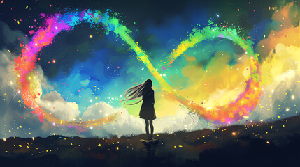 Girl silhouette and rainbow infinity sign. Neurodiversity concept. - obrazy, fototapety, plakaty