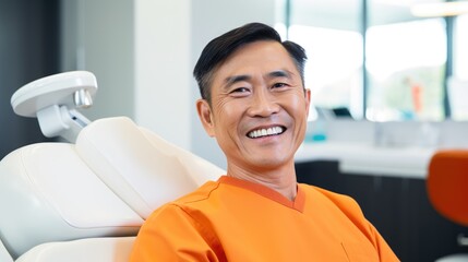 Confident visit: An Asian man showcases his beautiful teeth with a bright smile in a dentist's chair, radiating dental health and happiness.