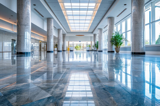 Luxury interior of modern office hall with clean marble floor and green plants, inside shiny lobby of commercial building. Concept of bank, hallway, service, business
