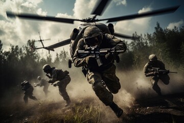 A helicopter lands in a haze of sand, and special forces soldiers advance, epitomizing the determination and readiness of a military operation.