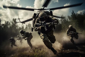Poster A helicopter lands in a haze of sand, and special forces soldiers advance, epitomizing the determination and readiness of a military operation. © GoLyaf