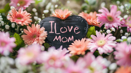 Concept I love mom, Mother’s Day, the most deserved celebration, concept with flowers and text I...