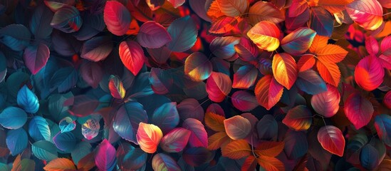 A variety of vibrant autumn leaves in different colors, such as red, orange, yellow, and green, are arranged on a wall. The leaves create a colorful and lively backdrop, adding a touch of seasonal - obrazy, fototapety, plakaty
