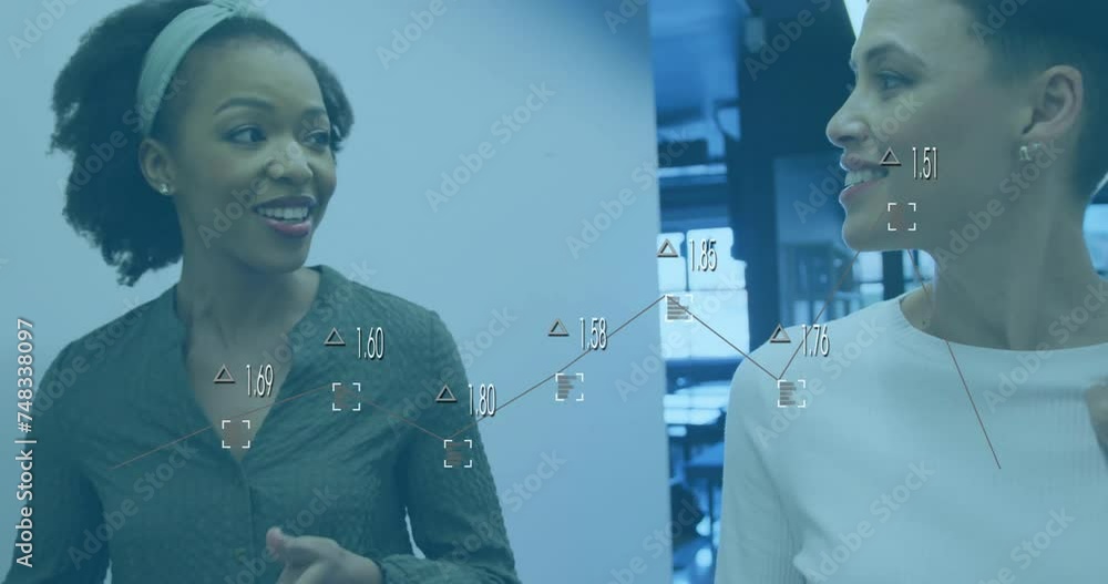 Aufkleber animation of data processing and diagrams over diverse female colleagues discussing work in office