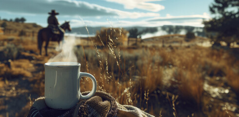 a steaming cup of coffee on the open range with cowboys riding in the distance - 748338216