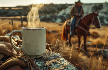 a steaming cup of coffee on the open range with cowboys riding in the distance - 748338275