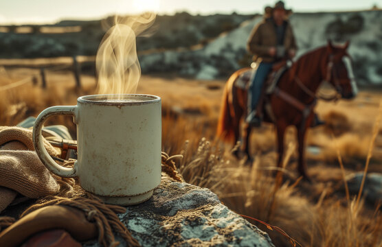 a steaming cup of coffee on the open range with cowboys riding in the distance