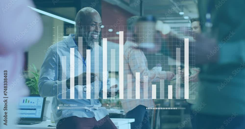Poster Animation of data processing and diagrams over diverse colleagues during break in office