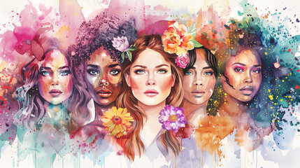 Artistic expression, faces of women with floral watercolor strokes, diversity and beauty