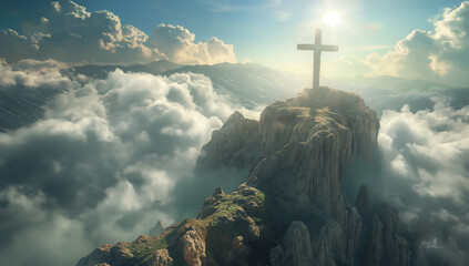 Cross top of the mountain. Christianity, Religion - obrazy, fototapety, plakaty