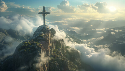 Cross top of the mountain. Christianity, Religion - obrazy, fototapety, plakaty
