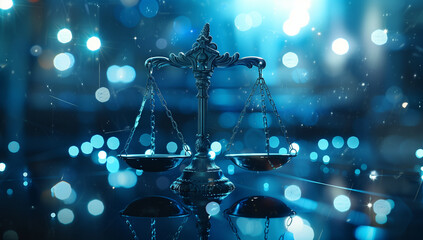 Justice balance concept. Blue tones. - obrazy, fototapety, plakaty
