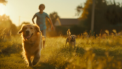 Happy family with two children running after a dog together at sunset.