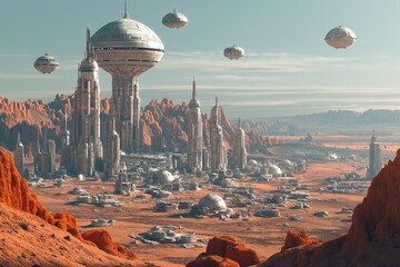 City on Mars with cyborgs and flying cars, futuristic concept