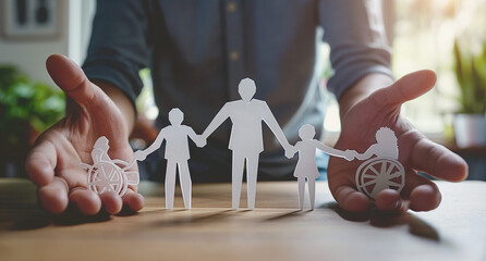 Cutout paper chain family with the protection of cupped hands, concept for security and care