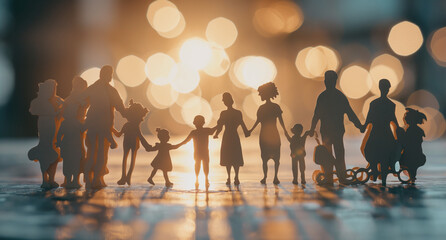 Cutout paper chain family with the protection of cupped hands, concept for security and care