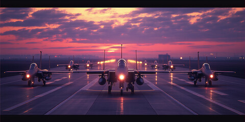 Group of fighter jets on a airfield at sunset.