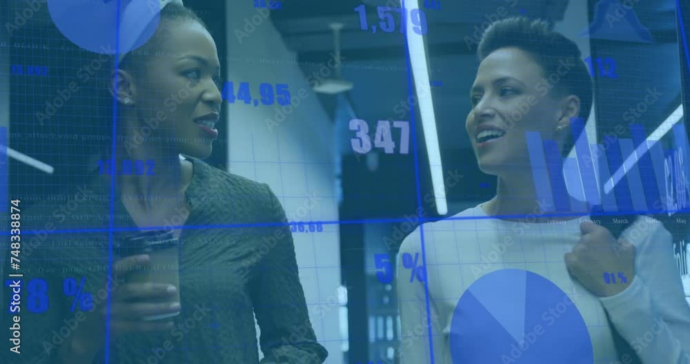 Poster animation of data processing and diagrams over diverse female colleagues discussing work in office