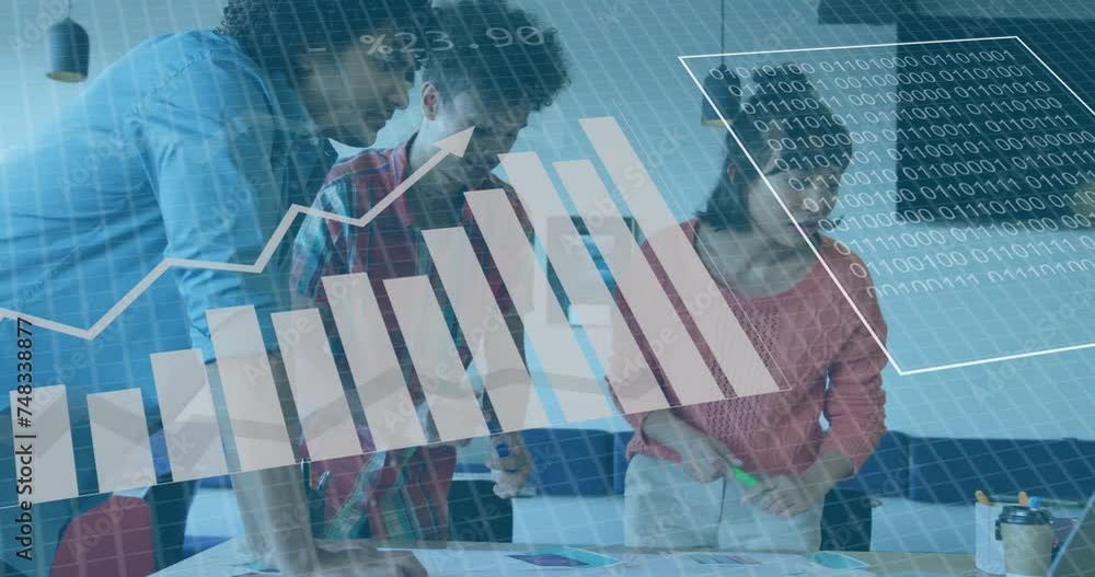 Poster Animation of data processing and diagrams over diverse colleagues discussing work in office