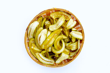 Banana chips, fried slices banana with green peel