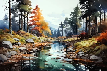 Foto auf Acrylglas Autumn watercolor landscape background. Ai generative art © Tatyana Olina
