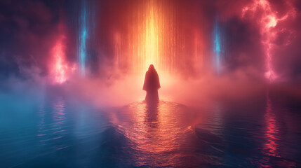 Rear view of person in cloak in unreal ambient, silhouette walking on hot water in front of colorful waterfall. Generated AI - 748339048
