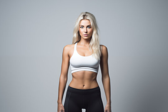 athletic blonde woman posing in studio. grey back ground.
