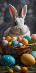 Happy Easter with Bunny and colorful easter eggs. Generative AI.