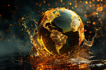 Golden Liquid Splashing on a World Globe with Bokeh Lights