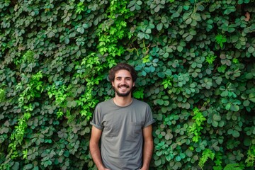 Naklejka na ściany i meble Man Standing Against Green Leaves Living Wall, Happy Man Portrait on Ivy Wall Texture Background