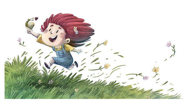Little girl running with snail through the meadow