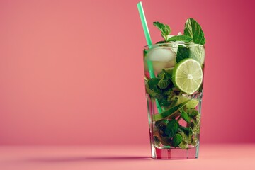 Mojito Cocktail on Pink Background, Mint Tropical Mocktail, Fresh Beach Party Coctail, Summer Drink