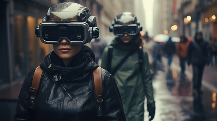 Lost in the digital embrace of virtual reality, individuals wearing VR goggles meander through city streets, lost in their own worlds. - obrazy, fototapety, plakaty