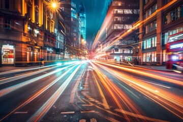 Fototapeta na wymiar Speed Light Trails on City Streets, Street Night Lights, Road Glow, Fast Flash Motion, Car Traffic Lights
