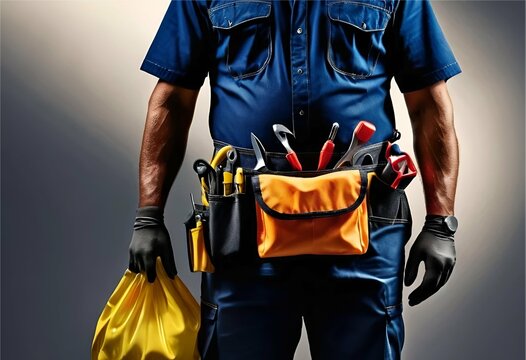 Close-up of Maintenance worker with bag and tools kit wearing on waist.