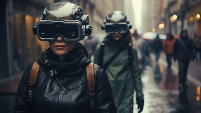 Lost in the digital embrace of virtual reality, individuals wearing VR goggles meander through city streets, lost in their own worlds.