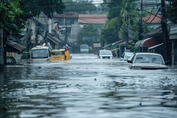 Fototapeta na wymiar Megafloods in City, Big Flooding, People on Roofs, Floating Cars in Flood City