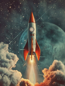 Vintage Rocket Launching Into Starry Sky Illustration