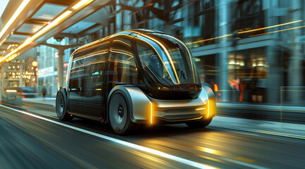 Futuristic Electric Vehicle Driving in Urban Environment - obrazy, fototapety, plakaty