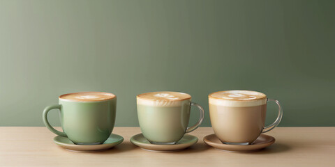A light transparent cup with coffee on a greenish wall background and on a green table, the atmosphere of summer, delicious latte, coffee with cream, an image with an area for text.Generative AI.