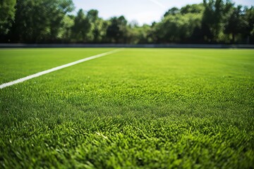 Fototapeta na wymiar Soccer field with artificial turf, goal net shadow, green synthetic grass for football matches