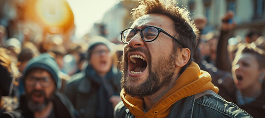 Man Shouting Among a Crowd on a Sunny Day - obrazy, fototapety, plakaty