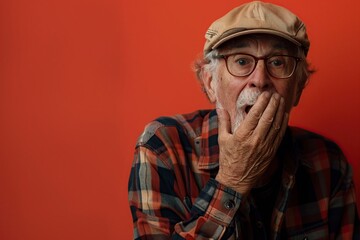 embarrassed senior man covering mouth with hands - obrazy, fototapety, plakaty