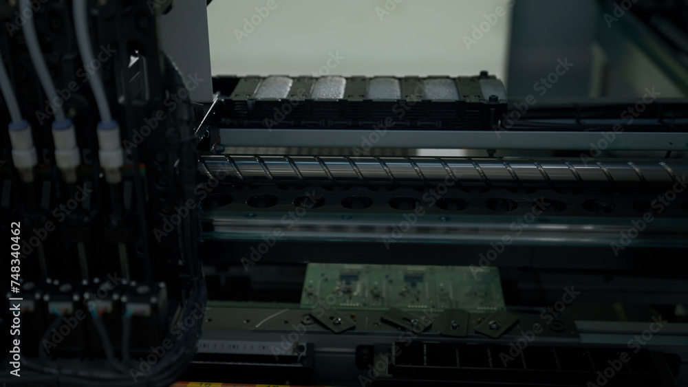 Poster production line with computer processors on electronics factory. creative. microchip production proc