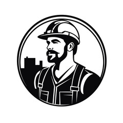 construction worker with helmet man wearing a cask icon black and white vector illustration isolated transparent background logo, cut out or cutout t-shirt print design