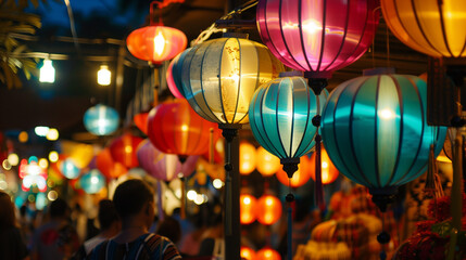 A bustling night market adorned with colorful lanterns, symbolizing unity and enlightenment during Vesak celebrations.